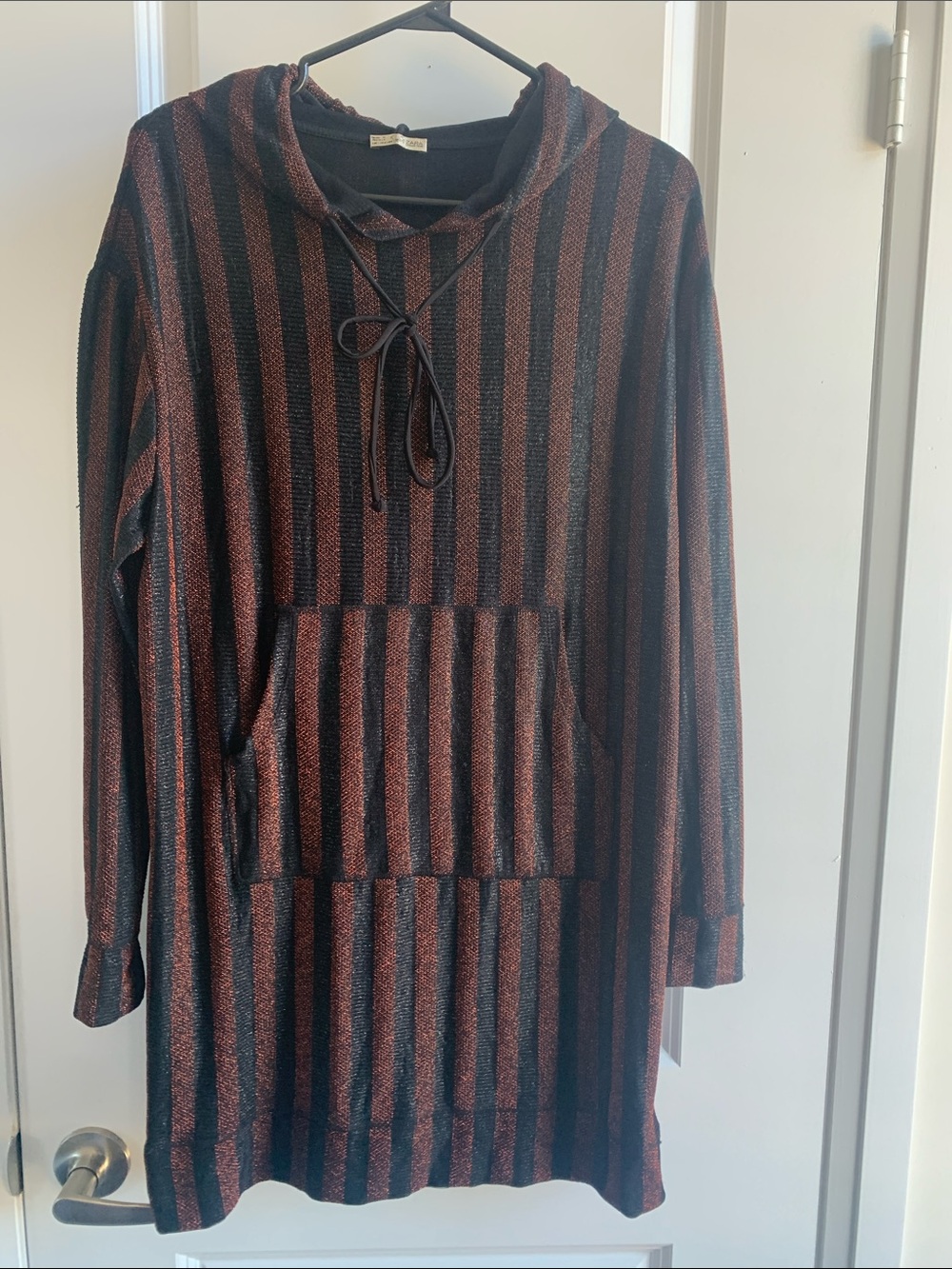 Zara Black and Burgundy Striped Metallic Mini Oversized Dress with Hood